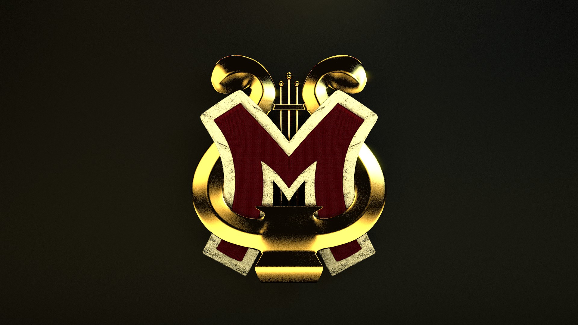 3D render of letter M squeezed into a lyre, shining brightly on a black background